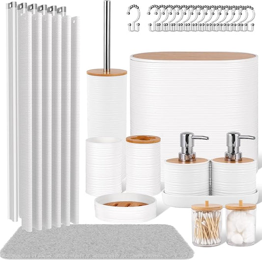 White Bathroom Set, 25 PCS Bathroom Accessories Set with Shower Curtains, Rugs, Trash Can, Toothbrush Holder, Soap Dispensers, Toothbrush Cup, Vanity Tray, Soap Dish, Toilet Brush, Qtip Holders