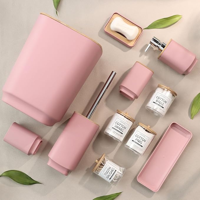 Bathroom Accessories Set,Pink Bathroom Set,24 Pieces Bathroom Accessory Set with Shower Curtain,Trash Can for Bathroom Accessories Décor and Home Gifts