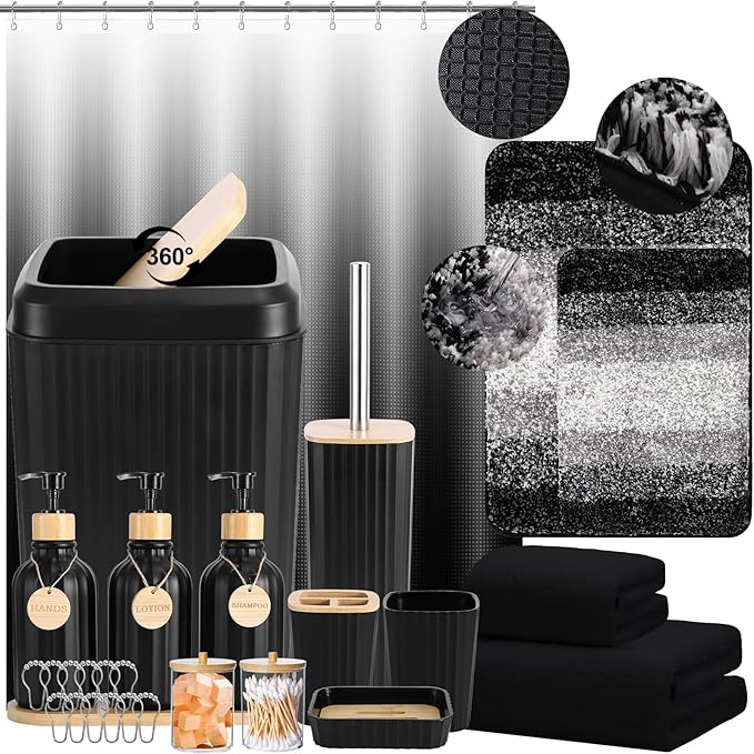 34PCS Bathroom Accessories Set with Shower Curtain,Rugs,Bath Towel,Trash Can,3PCS Lotion Soap Dispenser,Toothbrush Holder,Soap Dish,Tumbler Cup,6PCS Wood Tags Bath Accessories with Tray for Bathroom
