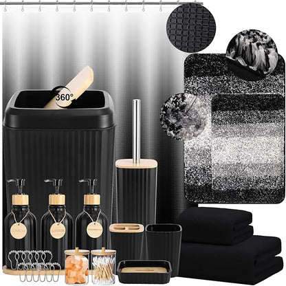 34PCS Bathroom Accessories Set with Shower Curtain,Rugs,Bath Towel,Trash Can,3PCS Lotion Soap Dispenser,Toothbrush Holder,Soap Dish,Tumbler Cup,6PCS Wood Tags Bath Accessories with Tray for Bathroom