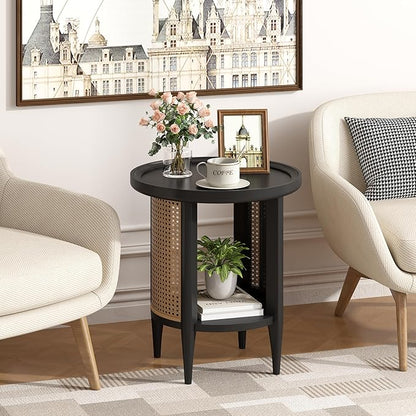 Yusong Round End Table Rattan Side Table with Solid Wood Legs, Boho Style Nightstand Bedside Table with 2-Tier Shelves, Small Coffee Table for Living Room Bedroom Small Spaces Black