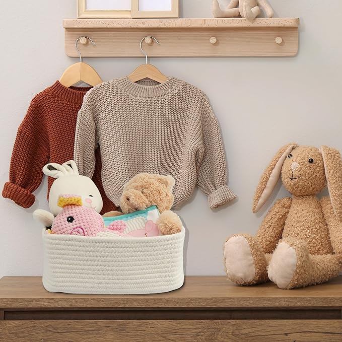 Small Woven Storage Baskets 13“X9”X5“ Decorative Rope Bins for Organizing Shelves, Closets, and Toys, Empty Gift Baskets, Cute Organizer Basket for Home and Office White Large