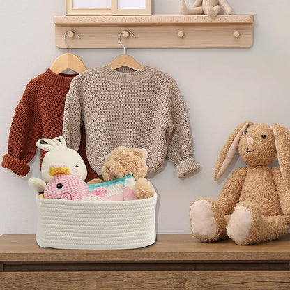 Small Woven Storage Baskets 13“X9”X5“ Decorative Rope Bins for Organizing Shelves, Closets, and Toys, Empty Gift Baskets, Cute Organizer Basket for Home and Office White Large