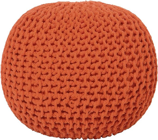 REDEARTH Round Pouf Ottoman - Hand Knitted Cable Boho Poof - Pouffe Circular Footrest for Living Room - Bedroom - Patio - 100% Cotton (19.5"x19.5"x14") - Burnt Orange