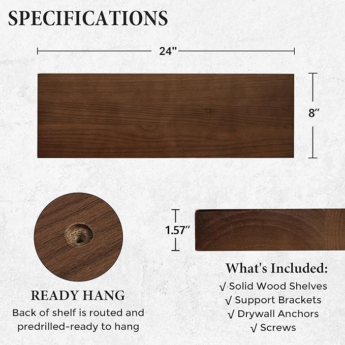 Axeman Floating Shelves, 2 Pack 8 Inch Deep Rustic Solid Wood Wall Shelves for Storage, Wall Mounted Display Shelving with Invisible Heavy-Duty Metal Bracket, 24" W x 8" D x 1.57" H, Walnut Finish