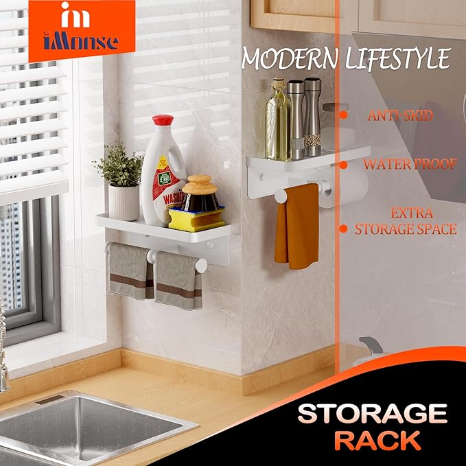 Double Toilet Paper Holder with Shelf, iMonse Paper Towel Holder Wall Mount,Tissue Roll Holder for Bathroom Kitchen RV, Double Tissue Roll Rack with Adhesive & Screw (White)