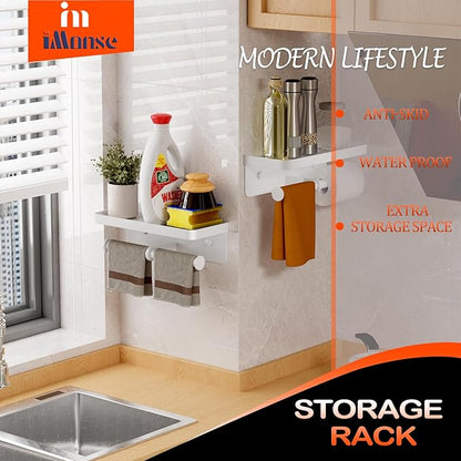 Double Toilet Paper Holder with Shelf, iMonse Paper Towel Holder Wall Mount,Tissue Roll Holder for Bathroom Kitchen RV, Double Tissue Roll Rack with Adhesive & Screw (White)