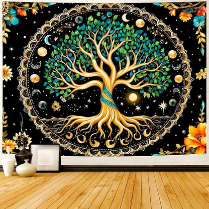 Delur Tree of Life Tapestry Moon Phase Nature Flower Plant Tapestry Wall Hanging Boho Mandala Spiritual Sun Aesthetic Psychedelic Headboard for Bedroom Living Room Home Decor (70.8" x 92.5")