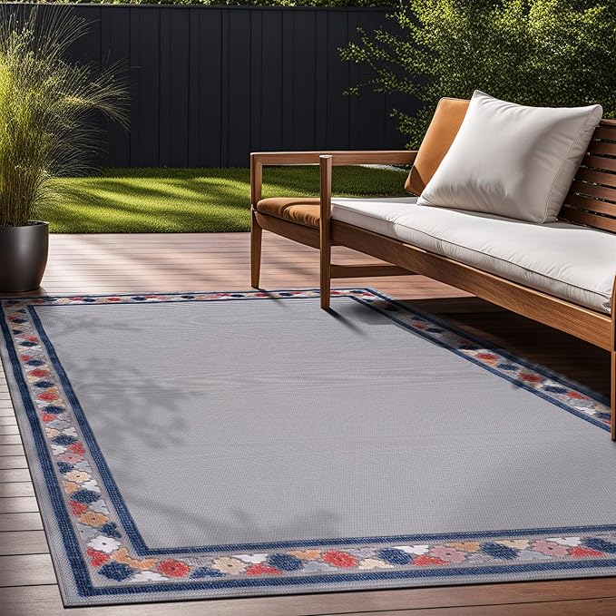 Beverly Rug Outdoor Rug 5x7 Modern Bordered Area Rugs for Indoor and Outdoor Patio Easy to Clean Non Shedding Living Room Porch Garden Washable Outside Carpet (5 x 7 Gray)