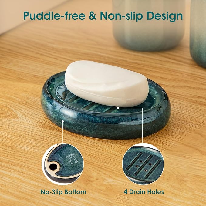 vancasso Green Bathroom Accessories Set, Ceramic Soap Dispenser and Toothbrush Holder Sets, Stoneware 4 Pcs Bathroom Sink Set for Modern Home Decor, Series Starry