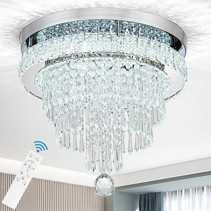 16“ Crystal Chandeliers Round Modern LED Chandelier Light Flush Mount Ceiling Light Fixtures with Remote Control for Bedroom Living Room Dining Room (dimmable)