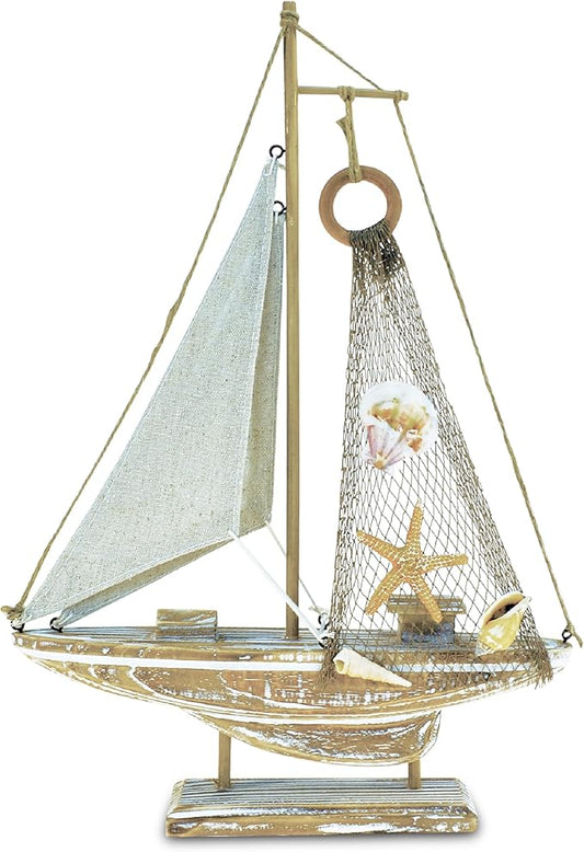 Puzzled Baja Haven Sailboat Decor - Handmade Beach Themed Wooden Boat Home Decor for Living Room Shelves, Tabletop, Desk, Cute Nautical Party Decorations - 14.5 Inches