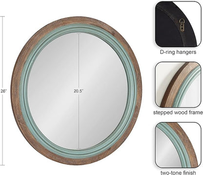 Kate and Laurel Palmer Rustic Farmhouse Round Wooden Mirror, 26 Inch Diameter, Blue and Rustic Brown, Modern Circle Decorative Wall Mirror with Paint Distressing