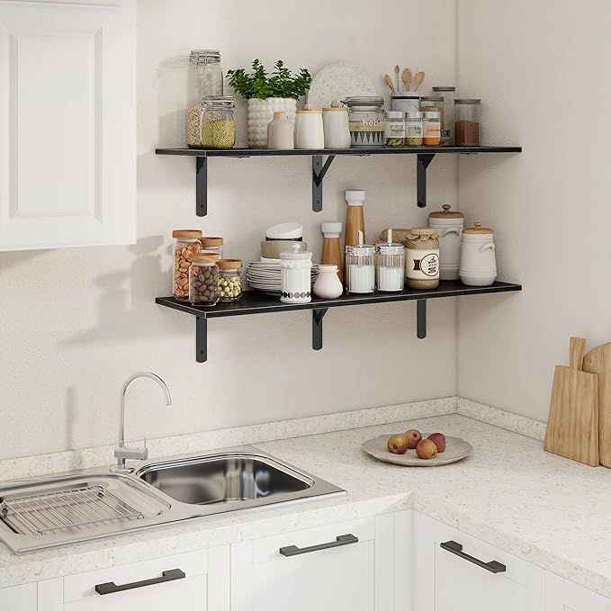 Black Floating Shelves 40"W x 12"D, Deep Wall Shelves with Brackets for Books, Plant, 12 Inch Deep Bathroom Shelf Set of 2, Large Floating Shelf for Living Room, Bedroom, Kitchen, Set of 2
