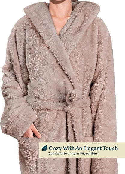 PAVILIA Women Hooded Plush Soft Robe | Fluffy Warm Fleece Sherpa Shaggy Bathrobe