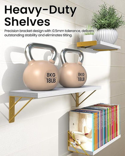 BAYKA Wall Shelves for Bedroom Decor, Floating Wall Shelves for Living Room Kitchen Storage, Wall Mounted Rustic Wood Shelves for Kids Books,Corner Shelves for Bathroom(White and Gold，Set of 3)