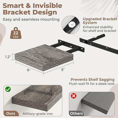 8 Inch Square Floating Shelves for Wall 3 Pack, 8"D Wood Grain Bathroom Shelves with Invisible Brackets, Easy Install Engineered Wood Storage Shelves for Kitchen, Living Room, Bedroom, Grey Oak Finish