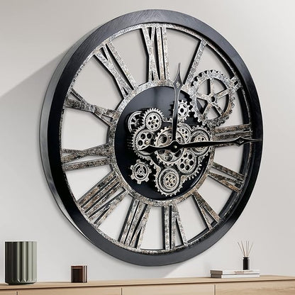 Large Wall Clock, Clocks for Living Room Decor Oversized 30 Inch Wall Decor Farmhouse Vintage Rustic Industrial Roman Big Chic Home Decor Wall Clock for House Bedroom Office, Moving Gears Clock