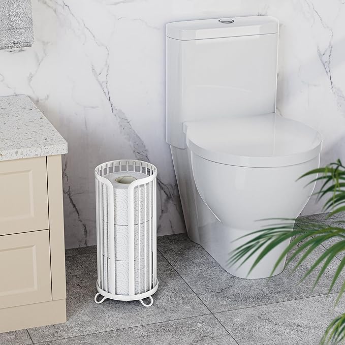 Toilet Paper Holder Stand, Freestanding Toilet Tissue Organizer, Minimalistic Storage Solution, Reserve Mega Rolls-White