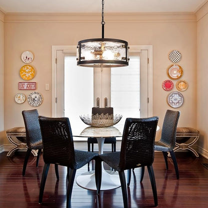 13" Industrial Drum Glass Chandelier, 3-Light Rustic Hanging Pendant Lights, Metal Round Lighting Fixture for Dining Room Foyer Entryway Hallway Bedroom, Clear Waterglass Drum Shade