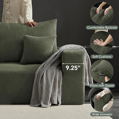 Boneless Sectional Cloud Couch Sofa for Living Room, 112" L-Shaped Modular Modern Lounge Sleeper Green Couches with Chaise, No Assemble, Cordury Compression Upholstered Sofas