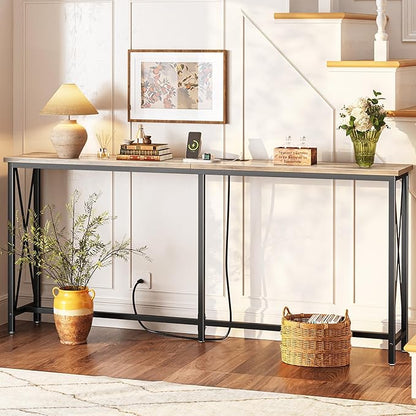 SUPERJARE 70 Inch Console Table with Outlets and USB-C Port, Extra Long Behind Couch Sofa Table with X-Shaped Design, Narrow for Entryway, Living Room, Metal Frame, Wooden Top, Grey Oak