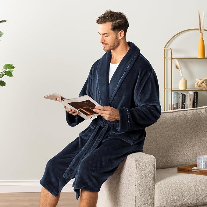 PAVILIA Mens Soft Robe | Warm Fleece Robes for Men, Soft Spa Bathrobe with Shawl Collar and Pockets