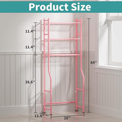 3-Tier Over The Toilet Storage with Paper Holder, Metal Bathroom Organizers and Storage for Small Space, Freestanding Bathroom Shelves with 4 Hooks, Above The Toilet Storage Shelf, Pink