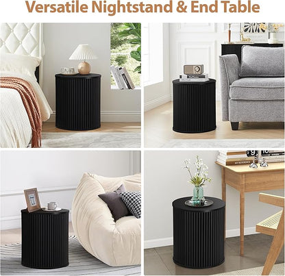 AVZEAR Small Round Side Table Fluted Night Stand Set of 2, Mid Century Modern End Table with Storage, Circle Bedside Tables Wood Nightstands for Small Spaces, Living Room, Bedroom (Black)
