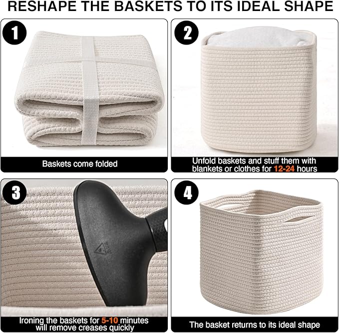 11 Inch Cube Storage Bins, Organizer Bins, Woven Cotton Rope Baskets for Storage, Storage Baskets for Organizing Shelves, White Basket for Toys, Off White (Pack of 3)