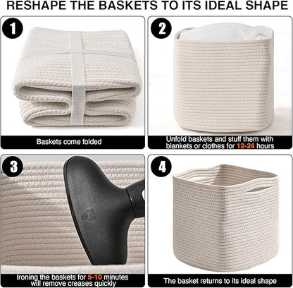 11 Inch Cube Storage Bins, Organizer Bins, Woven Cotton Rope Baskets for Storage, Storage Baskets for Organizing Shelves, White Basket for Toys, Off White (Pack of 3)