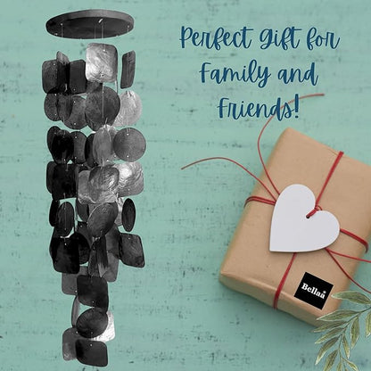 Bellaa 24995 Wind Chimes Outdoor, Garden Decorations, Musical, Indoor/Outside Windchimes, Beach, Ocean Breeze, Gifts for Mom, Gift for All Occasions, Capiz Sea Glass Shells Wood 27 inch Black