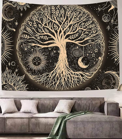 FORATER Tree of Life Tapestry Wall Hanging Sun Moon Stars Tapestries Aesthetic Galaxy Wall Tapestry Nature Home Decoration for Living Room Bedroom(53 x 61 Inch, Black and Gold)