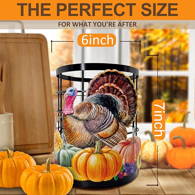 Thanksgiving Turkey Utensil Holder, Thanksgiving Turkey Pumpkin Kitchen Decor Utensil Organizer for Countertop, Fall Metal Cooking Tools Farmhouse Counter Decor, Kitchen Gifts Utensil Caddy Harvest