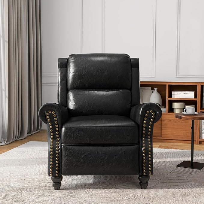 UIXE Pushback Recliner Chair, PU Leather Armchair Push Back Accent Chair for Living Room, Rivet Trim Club Chair Home Theater Overstuffed Single Sofa Bedroom Reading Seat - Black