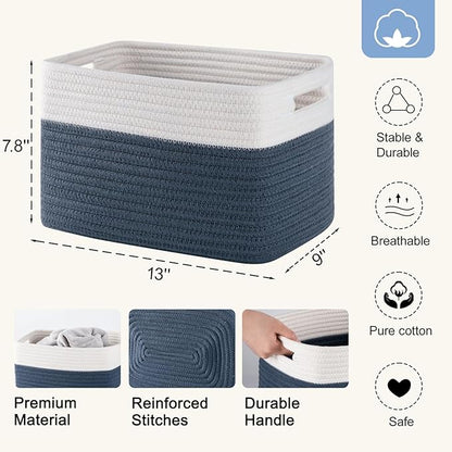 4 Pack Storage Baskets for Organizing, Woven Baskets for Shelves - Perfect for Toys, Books, Towels, and Clothes, Durable Gift Basket Bins Toy Storage, 12.7''L x9''W x7.8''H, Blue and White