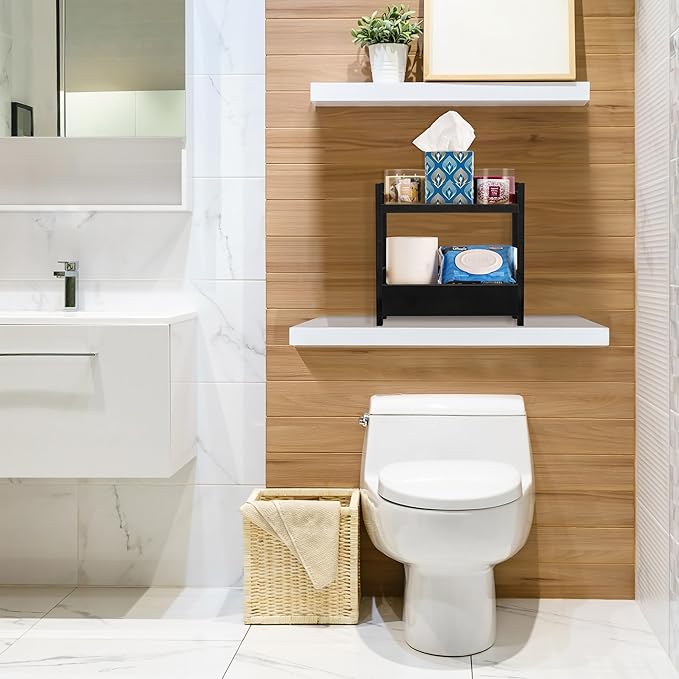 Sorbus Bamboo Bathroom Counter Organizer – 2-Tier Shelf with Hidden Drawer for Vanity, Matcha Station, Bathroom Sink Organizer Countertop, Kitchen & Office Storage (13″ L x 6.5″ W x 12.6″ H) (Black)