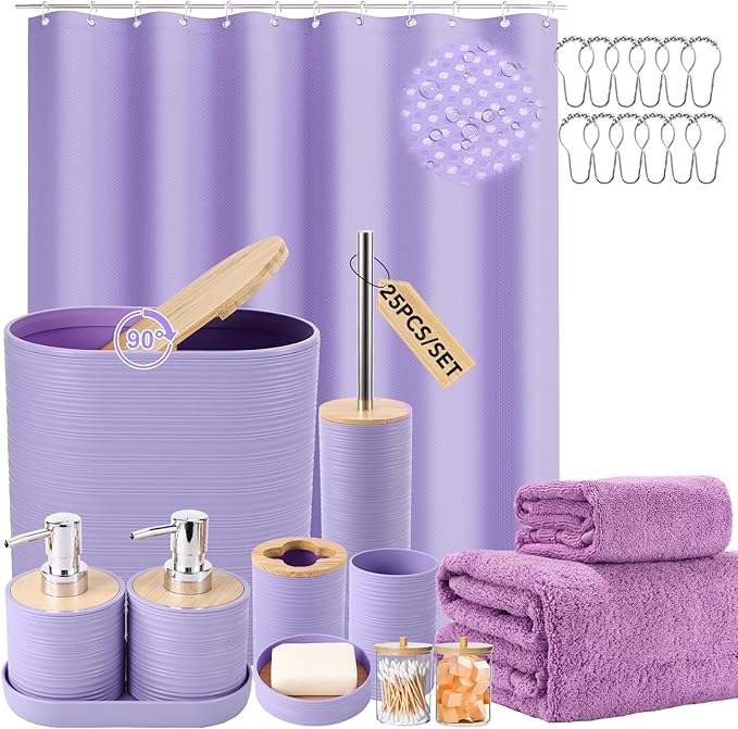 Purple Bathroom Set, Purple Bathroom Accessories Set with Shower Curtain, Bath Towel Set, Trash Can, 2PCS Soap Dispensers, Soap Dish, Toothbrush Holder and Cup,Toilet Brush for Bathroom Decor