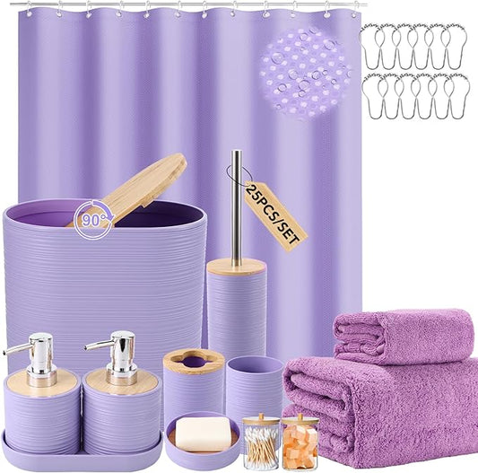 Purple Bathroom Set, Purple Bathroom Accessories Set with Shower Curtain, Bath Towel Set, Trash Can, 2PCS Soap Dispensers, Soap Dish, Toothbrush Holder and Cup,Toilet Brush for Bathroom Decor