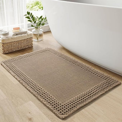 RESARE Waffle Bath Mat, Super Absorbent Non Slip, Machine Washable, Ultra Soft Boho Bath Rugs with Tassels, Upgraded Bordered Design, 17"x24" Brown