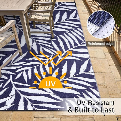 OLANLY Waterproof Outdoor Rug 9x12 ft, Reversible Outdoor Plastic Straw Rug with Leaf Pattern, RV Mat, Indoor Outdoor Carpet for Patio, Camping, Balcony, Deck, Backyard, Navy & White