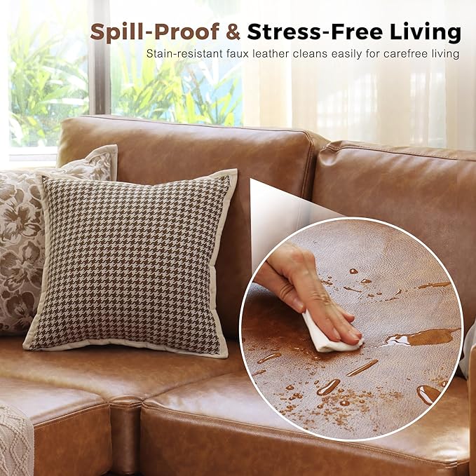 91.5" Faux Leather U Shaped Modular Sectional Sofa, 5 Seater Couch with Movable Ottoman Deep Seat and Storage Seat with Removable Cover for Living Room, Apartment - Brown