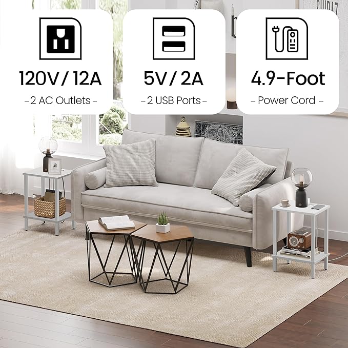 TUTOTAK End Table with Charging Station, Set of 2, Small Side Table with Outlets, Nightstand Bedside Table, 2-Tier Storage Shelf for Small Space, Living Room, Bedroom White TB01BW041