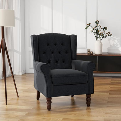 UIXE High Back Accent Chairs Set of 2, Upholstered Armchair in Fabric, Retro Wingback Arm Chair for Living Room, Comfy Single Sofa Bedroom Reading Seat with Solid Wood Legs - Black Blue