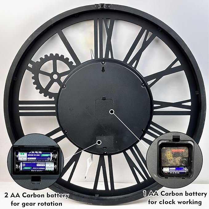 The B-Style Large Real Moving Gears Wall Clock 30 inch Rustic Retro Industrial Farmhouse Wood Clock Oversized Decorative Vintage Wall Clocks for Living Room (Black walunt Wood and Bronze)