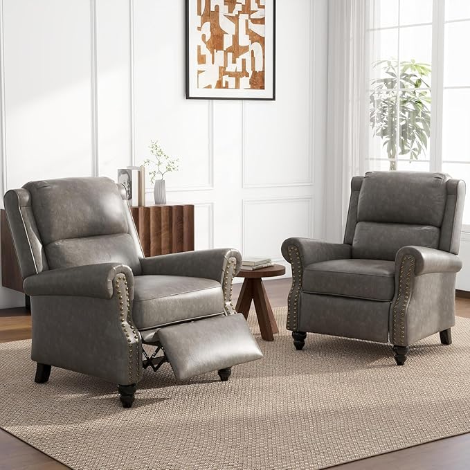 UIXE Pushback Recliner Chairs Set of 2, Faux Leather Armchair Push Back Accent Chair for Living Room, Rivet Trim Club Arm Chair Overstuffed Home Theater Single Sofa Reading Seat with Footrest - Gray