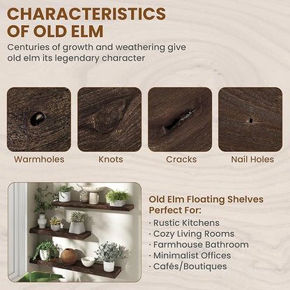 55" Floating Shelves, Live Edge Elm Wood Floating Shelf for Wall, Wall-Mounted Display Shelves with Invisible Heavy-Duty Bracket, Long Floating Shelf for Bathroom, Kitchen, Living Room, Walnut Color