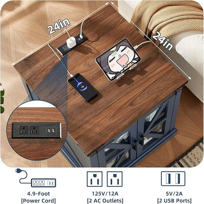 24" End Table with Charging Station, Farmhouse Night Stand with Glass Barn Door, White Nightstands with Adjustable Storage Shelf, Large Wood Square Bed Side Table for Living Room,Bedroom