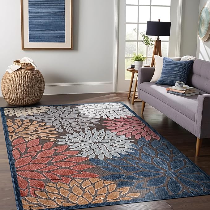 Beverly Rug Outdoor Rug 8x10 Modern Floral Tropical Area Rugs for Indoor and Outdoor Patio Easy to Clean Non Shedding Living Room Porch Garden Washable Outside Carpet (8 x 10 Brown)