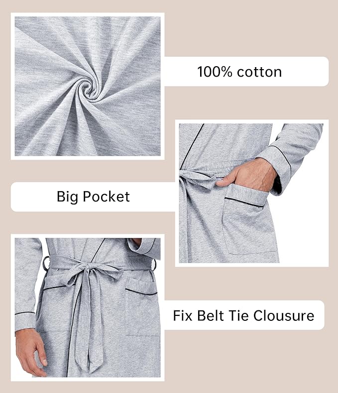 COLORFULLEAF Mens 100% Cotton Robes Lightweight Summer Long Bathrobe Sleepwear Soft Knit Spa Robe with Pockets